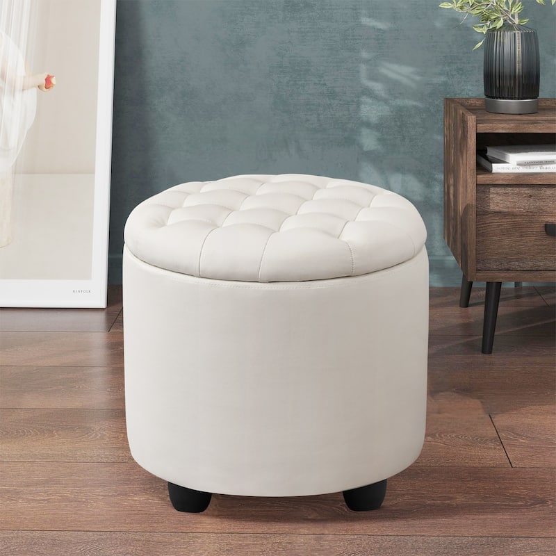 Modern Button Tufted Accent Storage Ottoman, Small Upholstered Circle Pouf Footstool with Removable Lid Storage Ottoman - Ivory White