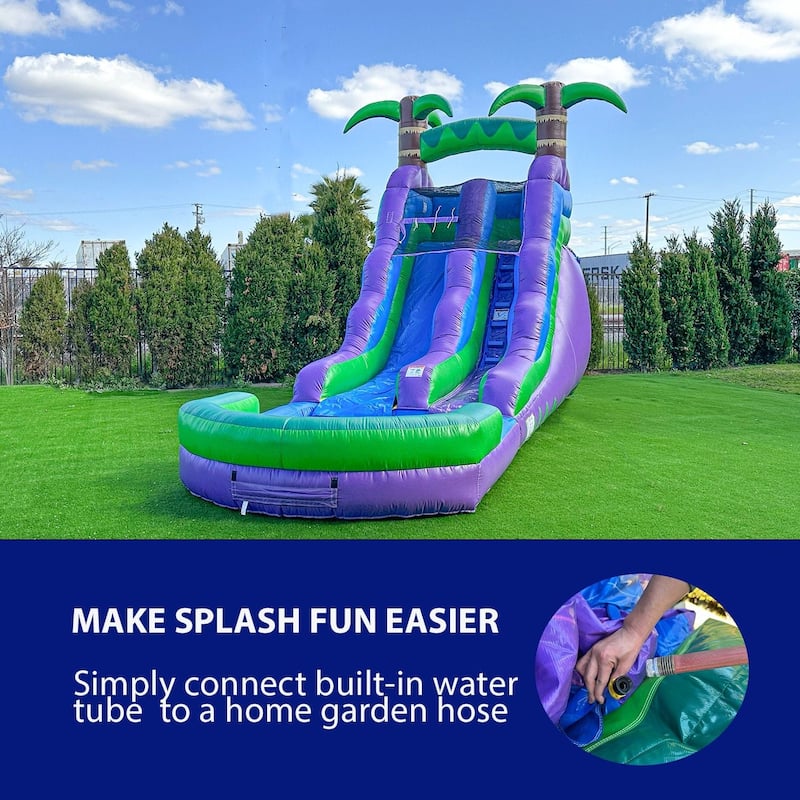 HeroKiddo 16' Purple Tropical Inflatable Kids Water Slide with Attached Pool (No Blower Included), Commercial Grade, Wet Dry Use