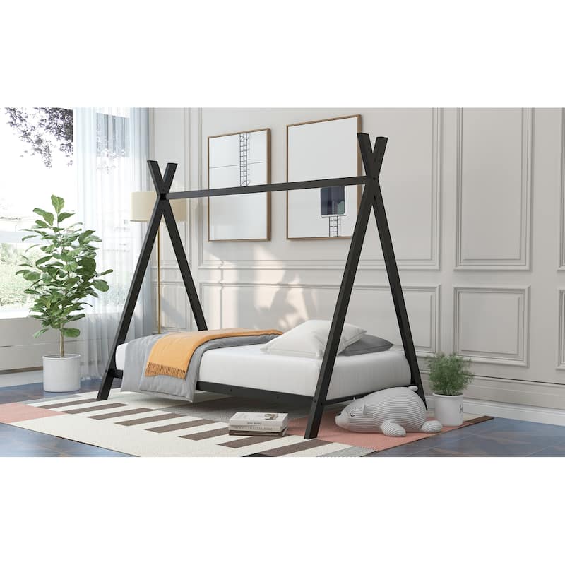 White Metal Twin House Bed Tent Frame with Slat, No Box Spring Needed