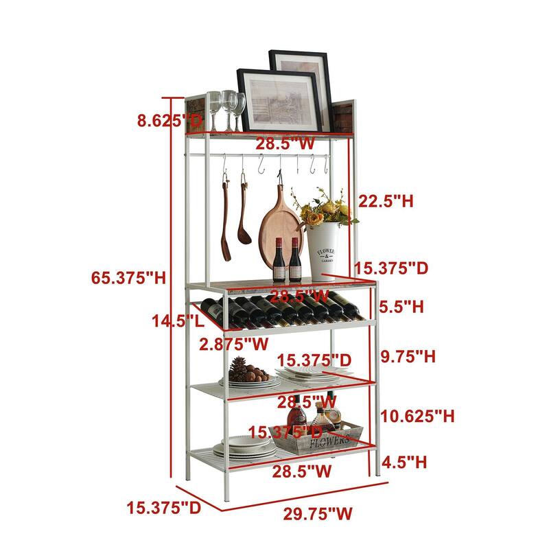 Red Tile Bakers Rack with 9 Wine Bottle Capacity Rack & 8 Hooks - Kitchen Storage Organizer, White