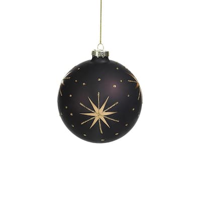 4" Gold and Black Star Design Ball Ornaments, Set of 6