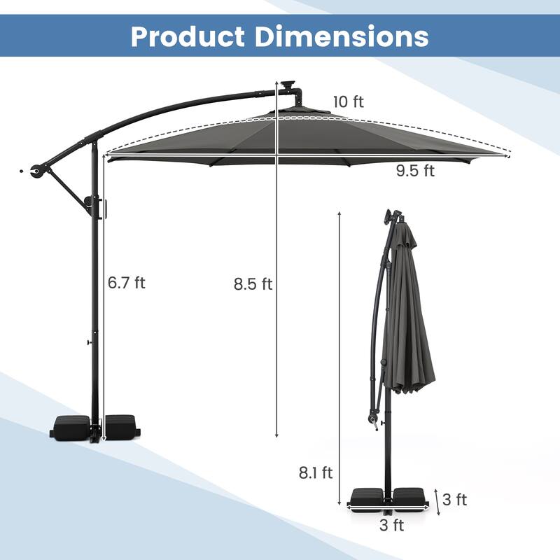 10FT Grey Polyester Cantilever Offset Patio Umbrella with 96 LED Lights Solar Panel and Metal Pole