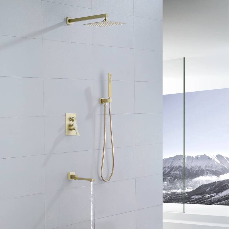 Wall Mount Tub Shower Faucet With Hand Shower Pressure Balance Shower System With Tub Spout 12 Inch Rainfall Shower Head Sets