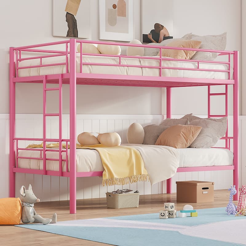 Bunk Bed Metal Twin Size Bunk Beds Frame with Ladder & Full-Length Guardrail Heavy Duty Sturdy 2 in 1 Convertible Bunk Bed