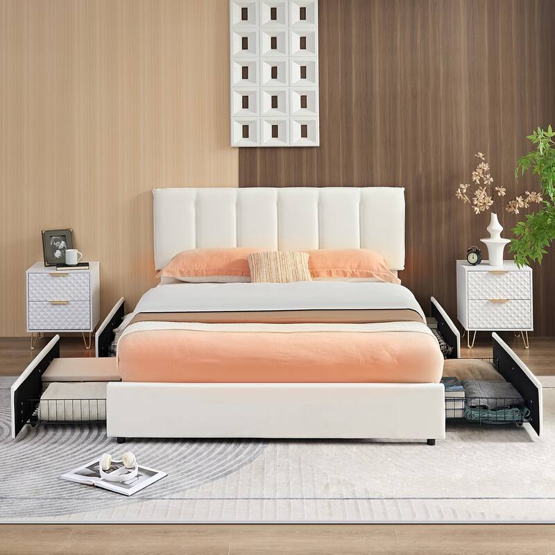 White Bed Frame with 4 Storage Drawers, Upholstered Platform Bed Frame with Adjustable Headboard - Full