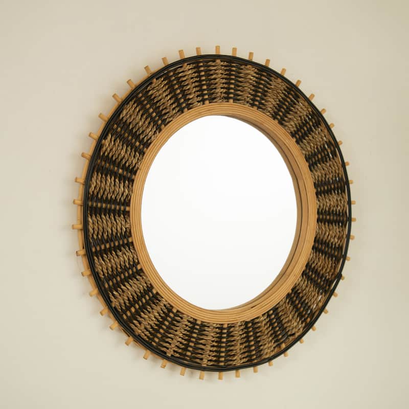 23" Echo Mirror, Bamboo Round Art Wall Mirror with Light Yellow and Black Hemp Ropes, Suitable for Bathroom, Bedroom