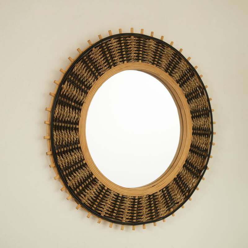 Echo Bamboo Round Art Wall Mirror - Light Yellow & Black Hemp Ropes, Bathroom, Bedroom - Silver,Yellow+Black