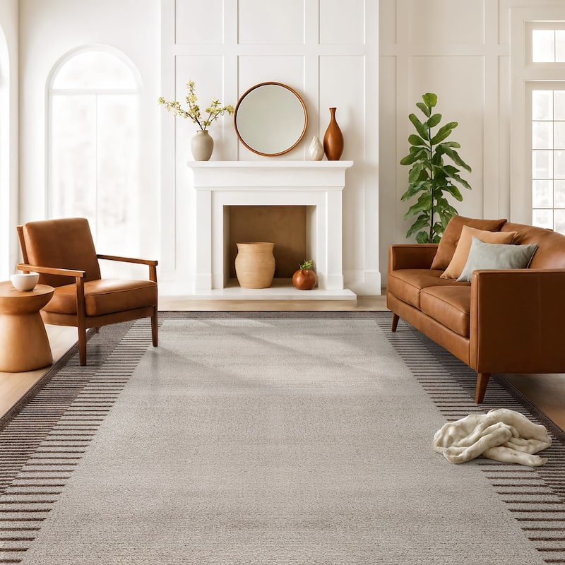 World Rug Gallery Modern Abstract Bordered Area Rug for Living Room, Bedroom, or Entryway - Low Pile Indoor Rug - Brown - Rectangle - 7'10" x 10'