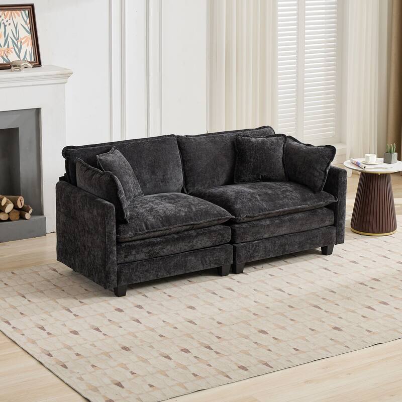 Modular Cloud Sofa Loveseat, Comfy Chenille Upholstered 2-Seater Sofa, Deep Seat Sofa with Backrest Pillows for Living Room - Black