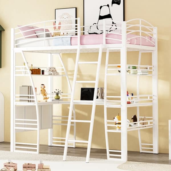 slide 2 of 12, Twin Size Loft Bed with 4-Layer Shelves and L-Shaped Desk , Stylish Metal Frame with Sockets White