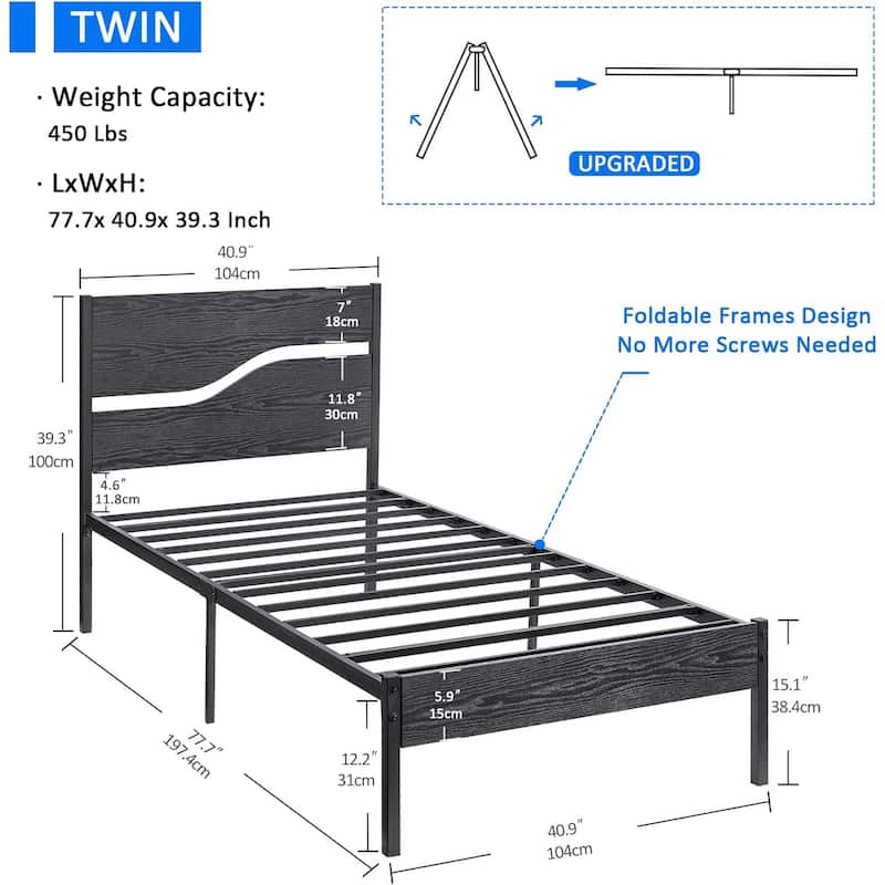 VECELO 2 Pack Twin Size Kids Bed Industrial Platform Bed Frame with MDF Curved Cutout Headboard Twin Size Bed Set of 2