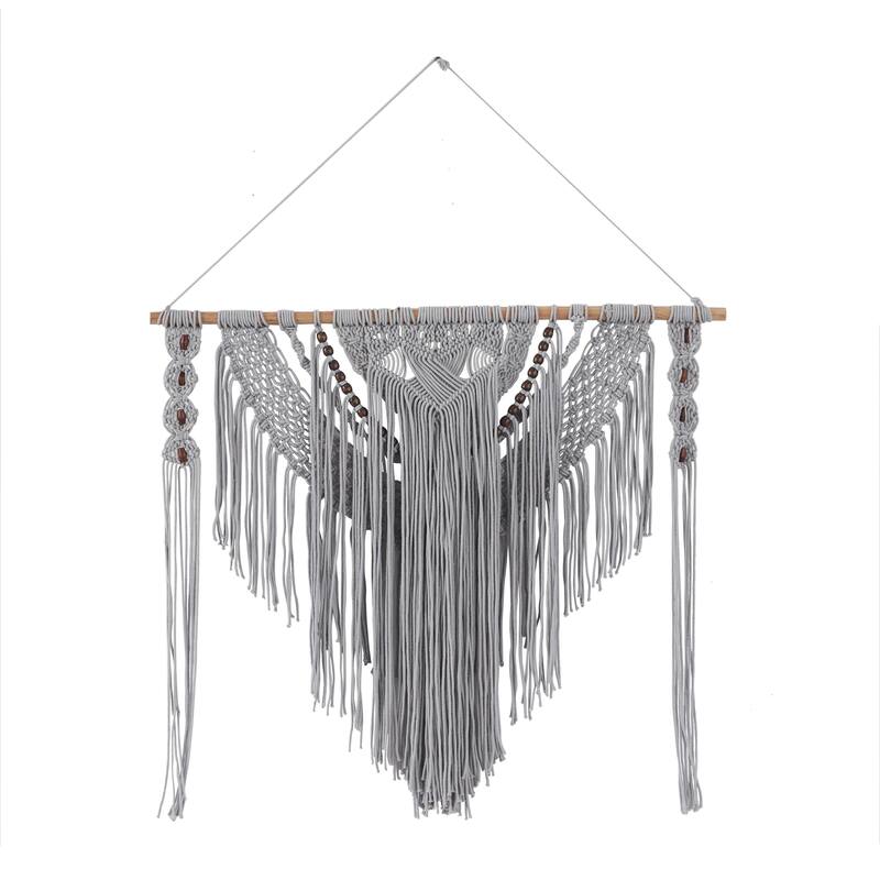 Cotton Fabric Macrame Handmade Intricately Weaved Wall Decor with Beaded Fringe Tassels - Gray - Roche River Decor