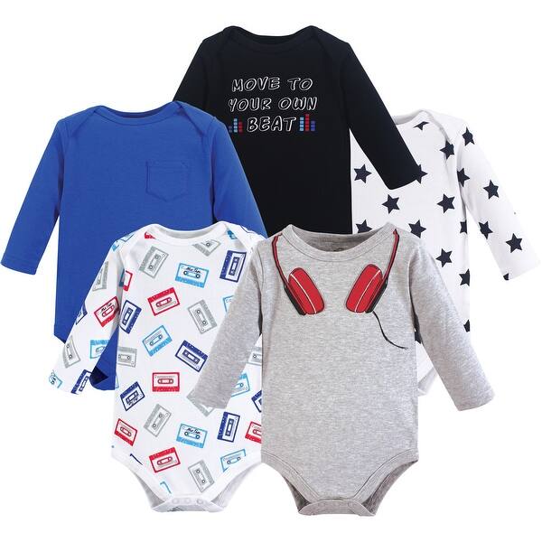 slide 1 of 1, Little Treasure Baby Boy Cotton Long-Sleeve Bodysuits 5pk, Headphones 0-3 Months - Headphones