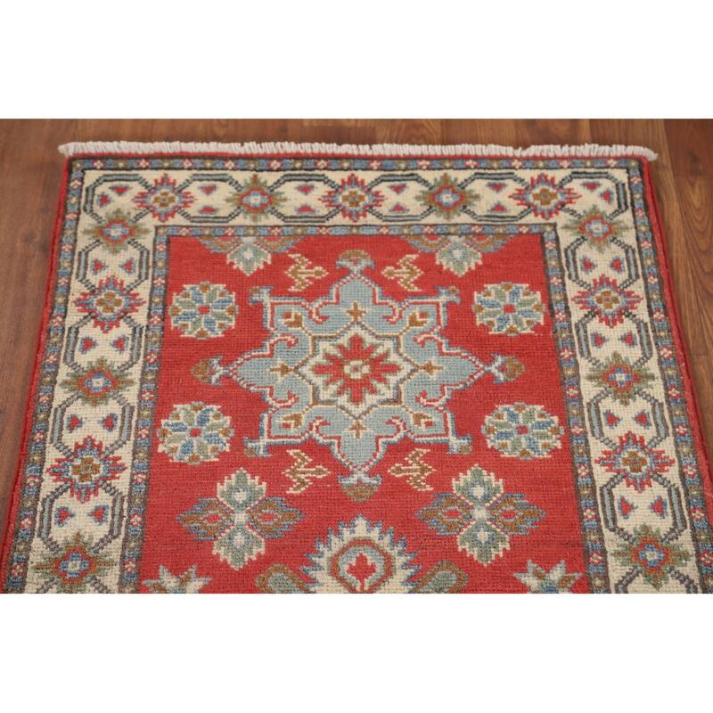 Geometric Kazak Runner Rug Hand-Knotted Traditional Red Wool Carpet - 2'1" x 5'10"