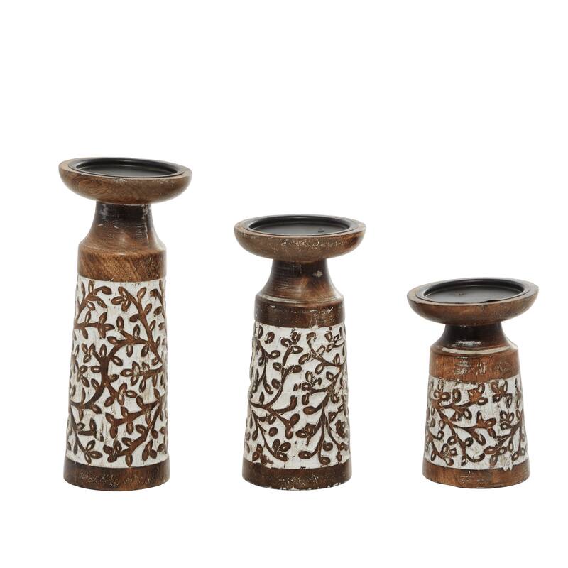 Brown Mango Wood Coastal Candle Holder (Set of 3)