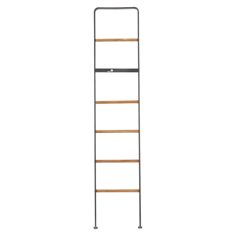 Metal Slim 3 Hook Ladder with 5 Brown Wood Rungs - Black - Roche River Decor - 1"W x 15"L x 72"H