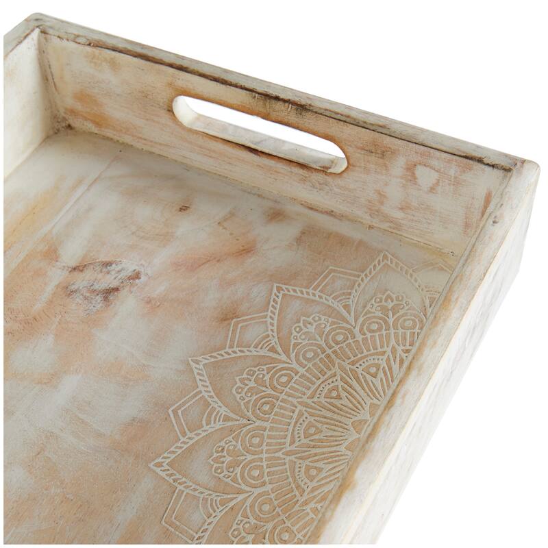 Cream Mango Wood Handmade Whitewashed Living Room Decor Tray with Carved Mandala Interior (Set of 2)