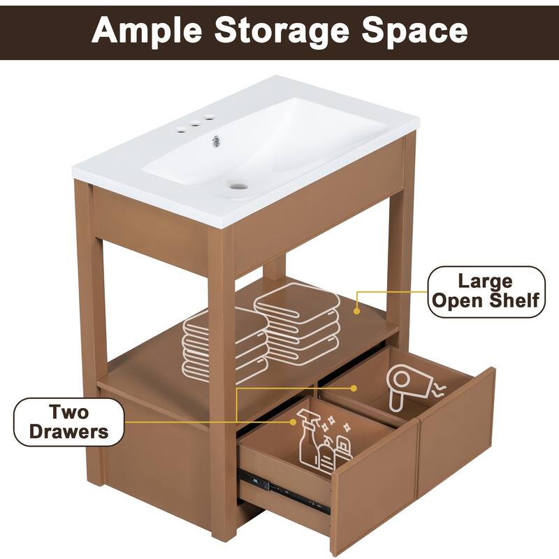 Modern 30" Bathroom Vanity with Sink Top, Open Shelf & Two Drawers, Solid Wood Frame and MDF Board