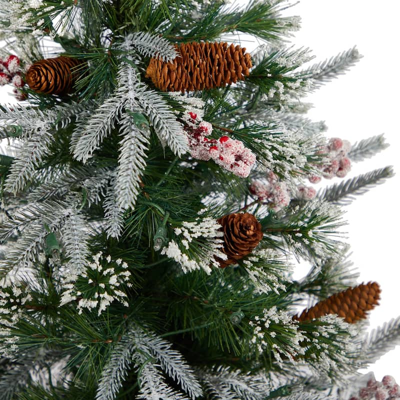 4Ft Frosted Christmas Tree with Lights & Berries - Holiday Decor Indoor Tree in Planter - Green - 48