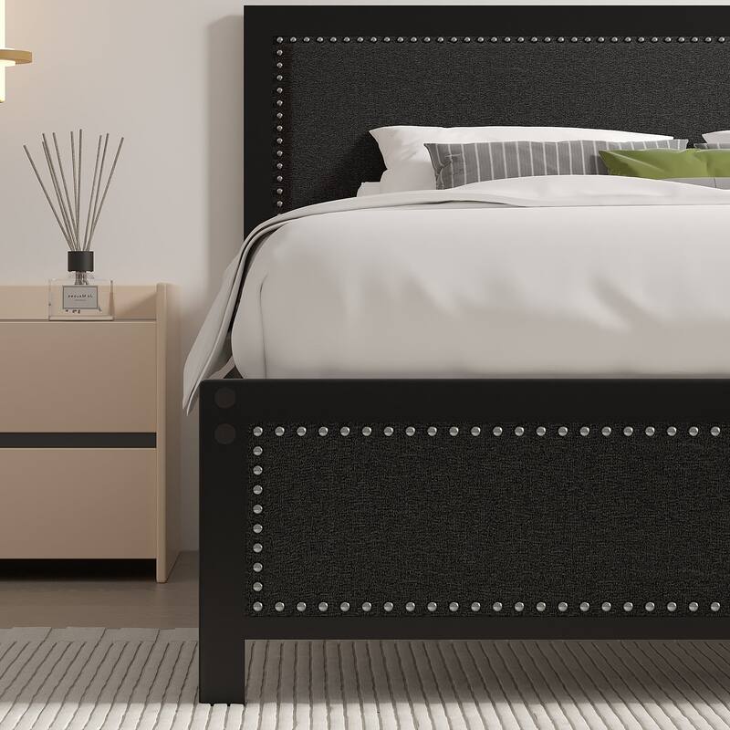 Metal Bed Frame with Linen Upholstered Nailhead Headboard, Platform Bed with 12.6" Under Bed Storage, No Box Spring Needed