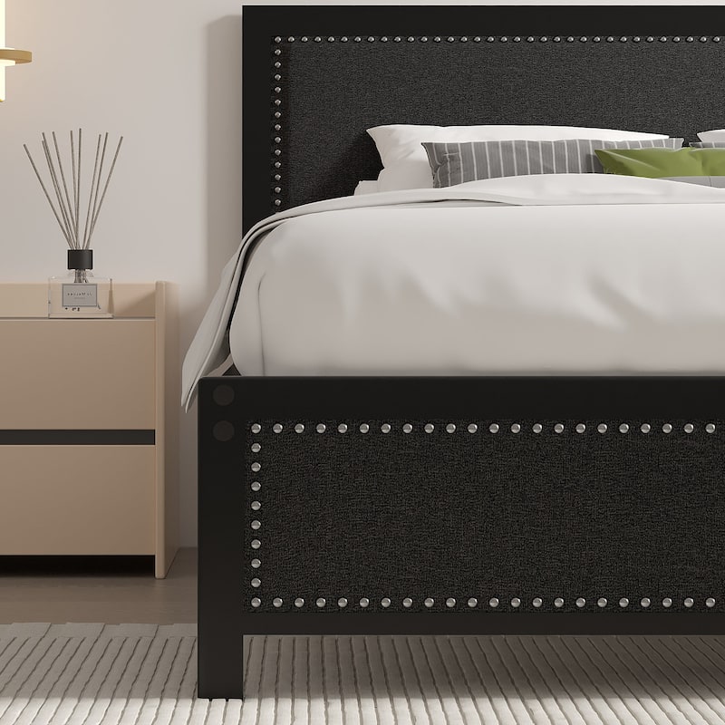 VECELO Bed Frame with Upholstered Linen Headboard and Footboard Heavy-Duty Platform with Strong Metal Slats