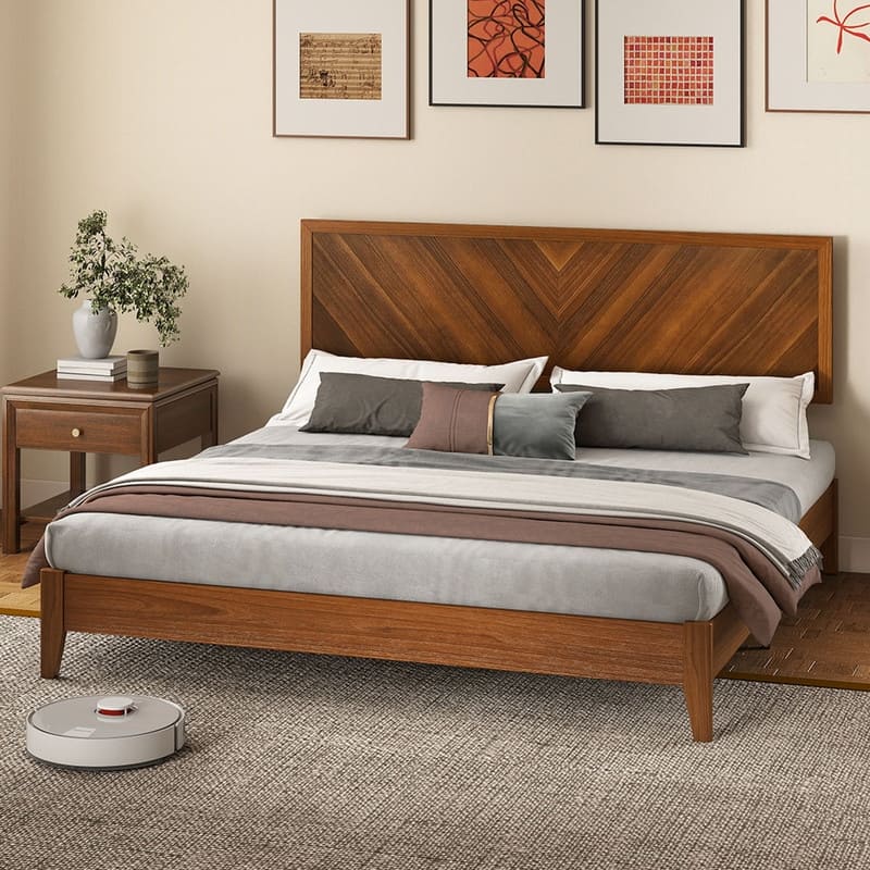 Moasis Farmhouse Rustic Brown Wood Bed Frame with Adjustable Headboard&Slats Support
