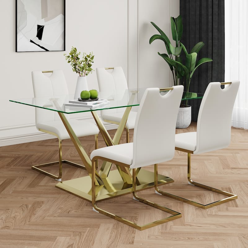 5-Piece Rectangular Dining Table Set for 4 Modern 63" Tempered Glass Kitchen Table with 4 Chairs, Luxury Dining Room Table Set