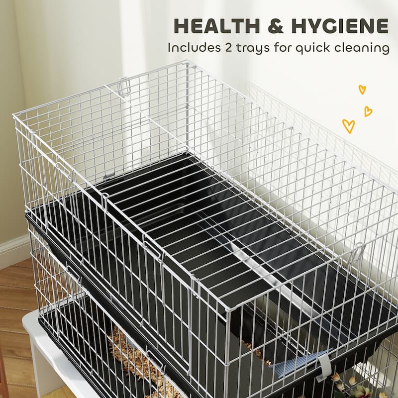 PawHut 2-Tier Guinea Pig Cage, Ferret Cage, Chinchilla Cage, Small Animal Cage Indoor with Dish and Bottle, 2 Doors