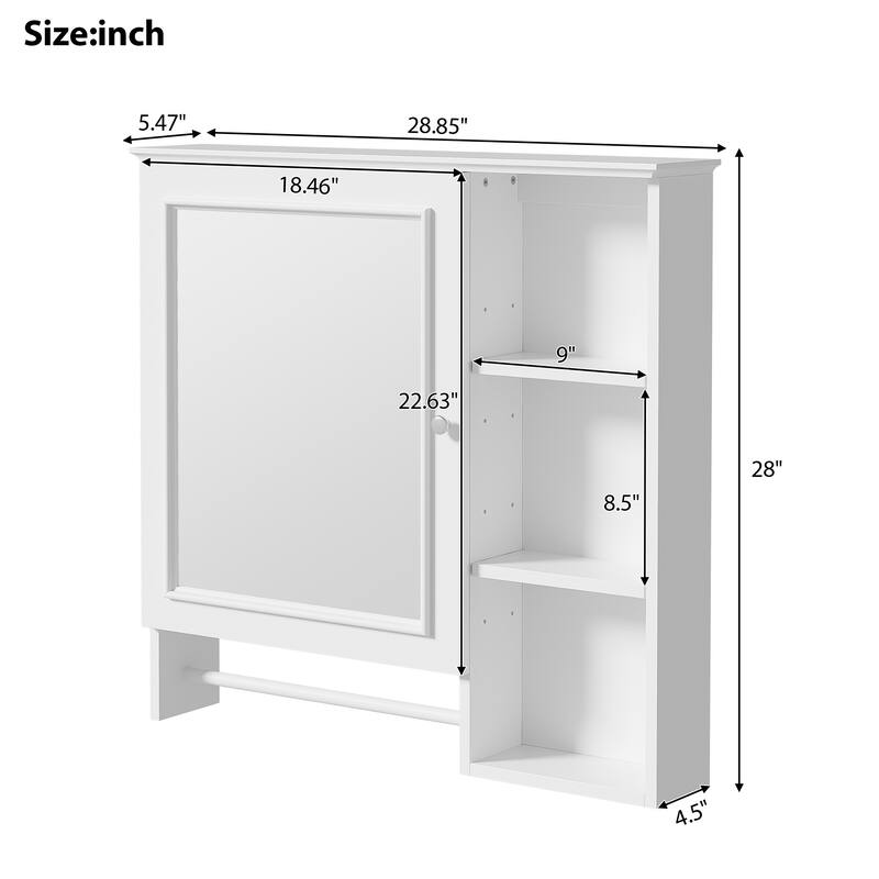 GDFStudio - Rosdale Modern Wall Mounted Bathroom Storage Mirror Cabinet with Adjustable Shelves, Open Storage and Towel Rack