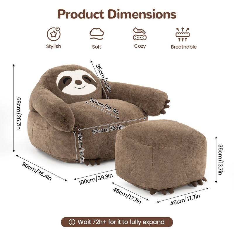 Sloth Bean Bag Chair with Ottoman Comfy Foam Filled Sofa for Kids and Adults