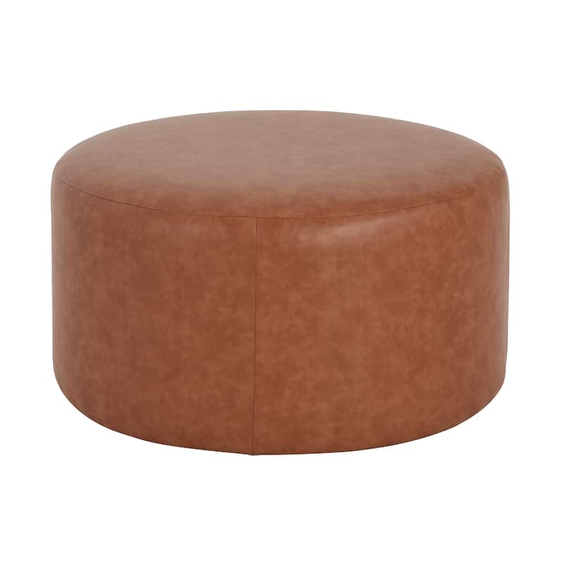 PU Leather Round Ottoman - Cognac Brown Upholstered Versatile Piece