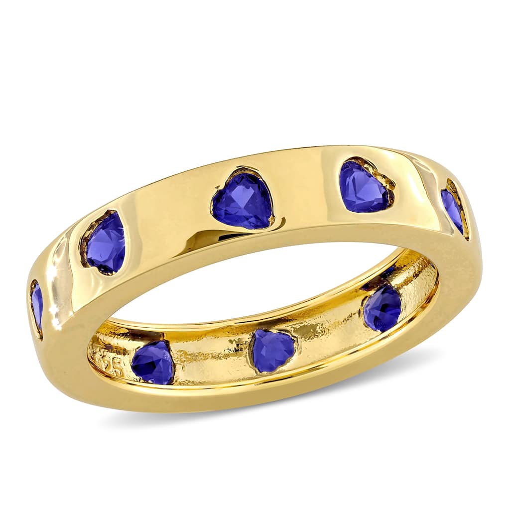 Miadora 1 1/2ct TGW Created Blue Sapphire Heart Eternity Ring in Yellow Plated Sterling Silver
