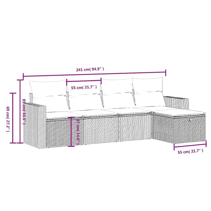 vidaXL Patio Sofa Set with Cushions Outdoor Conversation Furniture Poly Rattan - 21.7" x 24.4" x 27.2"