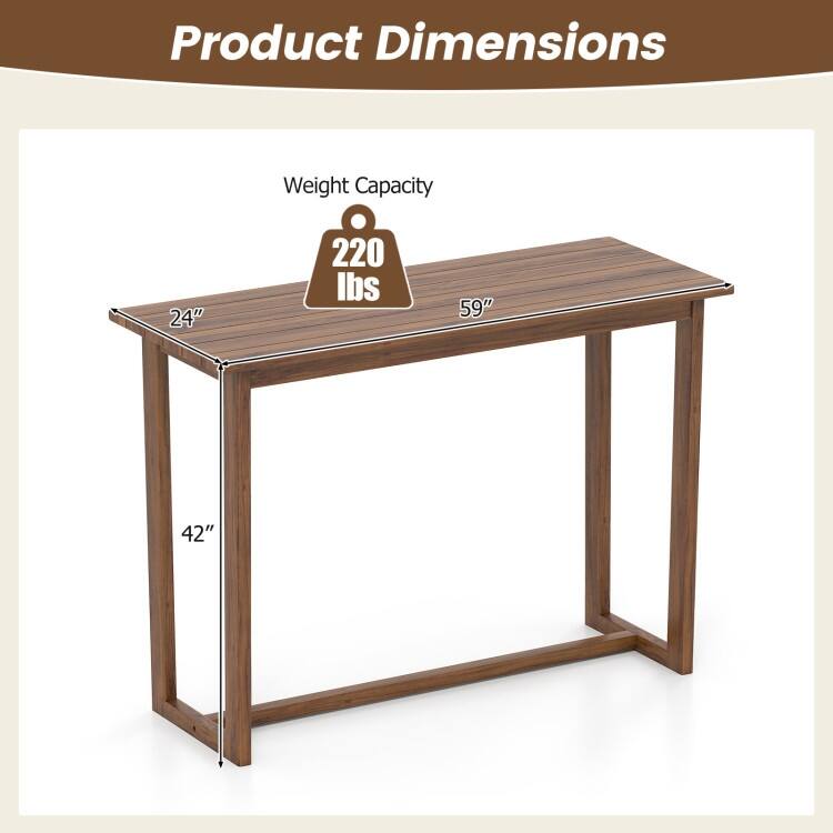 Natural Teak Wood Patio Bar Height Table with 59 inches Rectangular Top - 59" × 24" × 42"