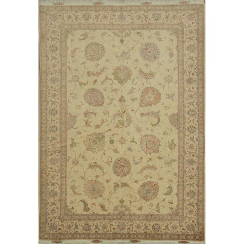 Hand Knotted Oriental Wool & Silk Carpet Traditional All-Over Beige & Ivories Tabriz Area Rug - 9' 9'' X 6' 8''