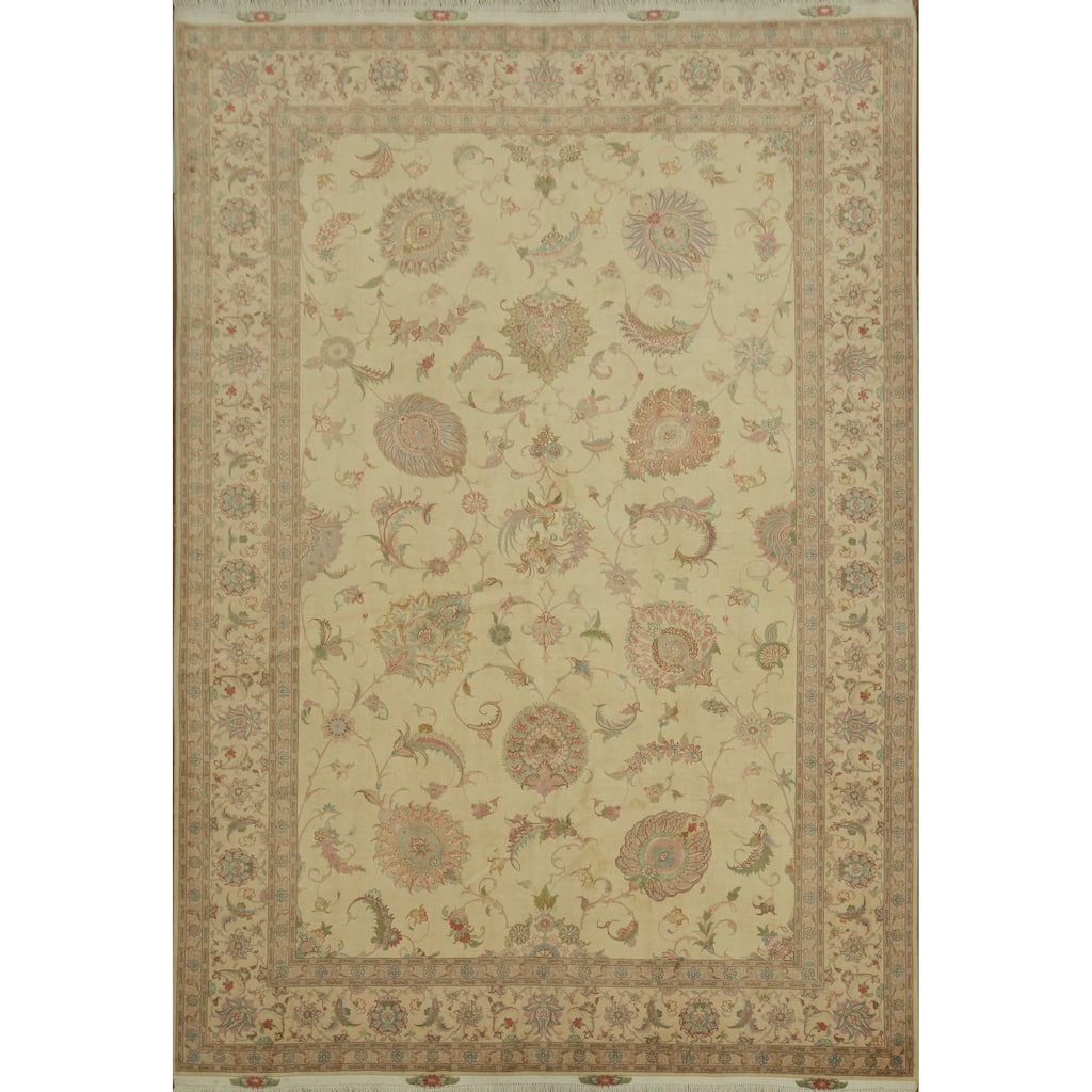 Hand Knotted Oriental Wool & Silk Carpet Traditional All-Over Beige & Ivories Tabriz Area Rug - 9' 9'' X 6' 8''