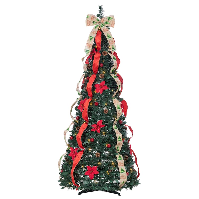 6 Foot Decorated Green Pop Up Pre Lit Pine Tree with 100 Warm White Lights - N/A