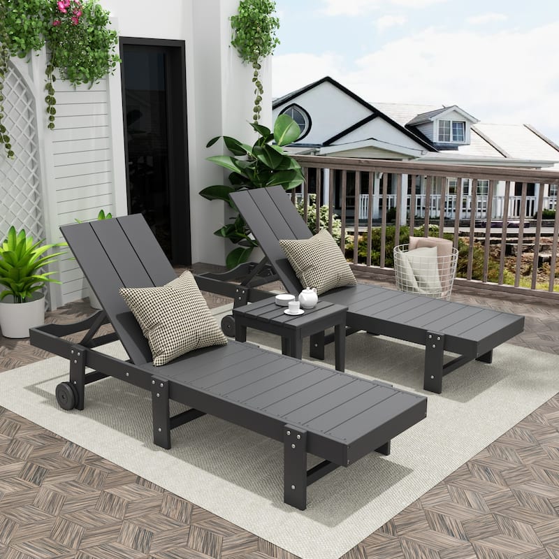 Polytrends Shoreside Modern Poly Eco-Friendly All Weather Reclining Chaise Lounge With Wheels and Side Table (2-Piece Set)