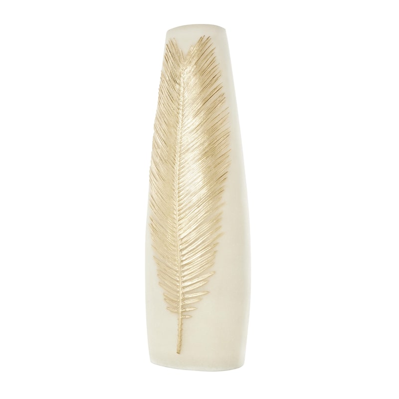 Polystone Leaf Decorative Vase with Gold Leaf Relief - Cream - Roche River Decor