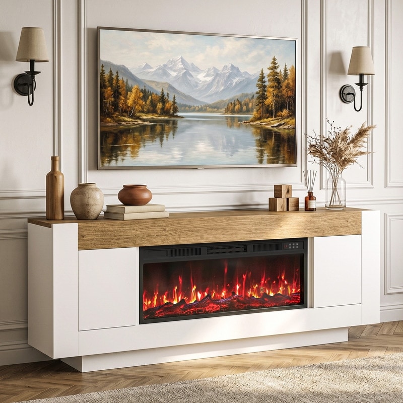 BOSSIN 70" Rustic Fireplace TV Stand with 36" Electric Heater, Wooden Media Console with Storage, Remote & Touch Control