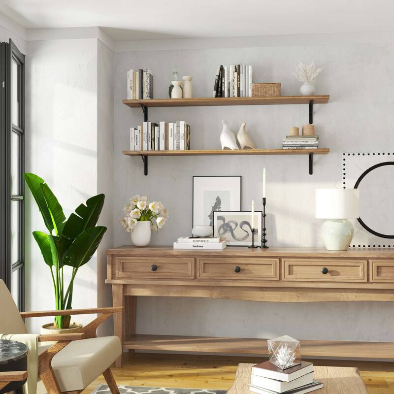 Wallniture Forme 48"-60" Long Floating Shelves for Living Room & Office Decor, Solid Wood Shelves, Wall Mounted, 1" Thick, Burnt