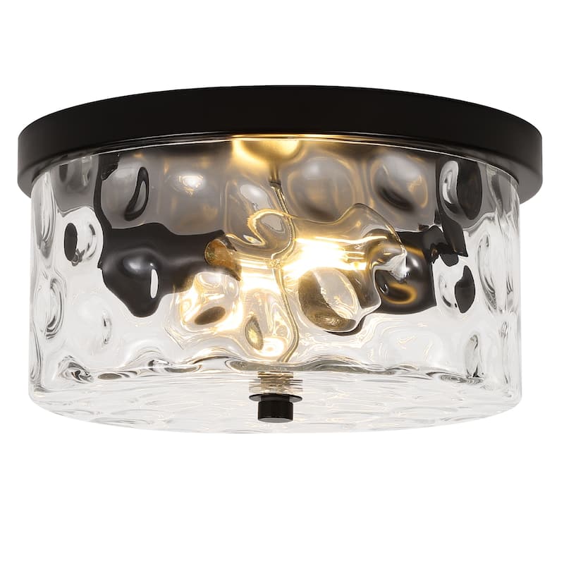 2-Light Flush Mount Ceiling Light with Clear Hammered Glass - N/A - Black