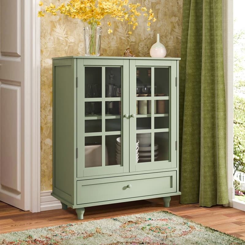Modern Buffet Cabinet with Adjustable Shelves and Display Glass Doors for Versatile Living Room Storage - Green