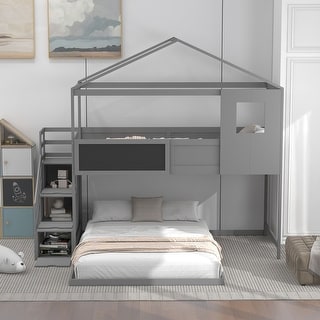 Twin over Full House Bunk Bed with Storage Staircase and Blackboard ...