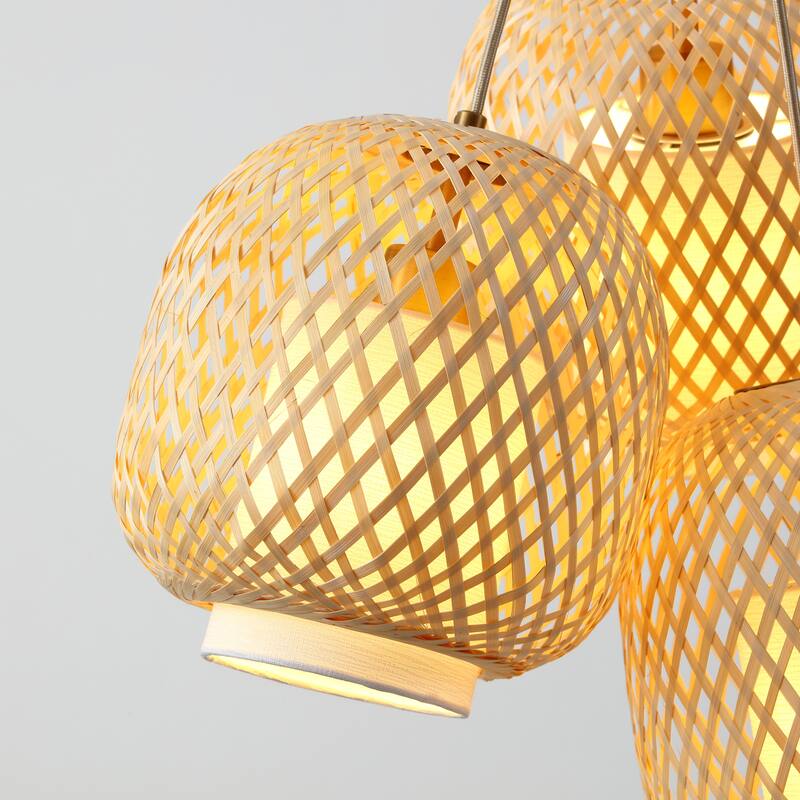 VidaLite FOS - 3-Light 78 in. Brushed Brass Bohemian Pendant with Woven Bamboo Shades
