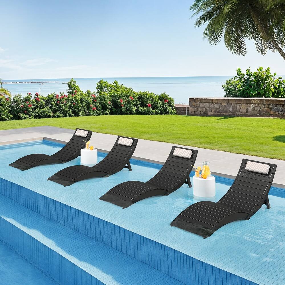 3-Piece Folding HDPS Plastic Outdoor Pool Chaise Lounges with Headrest Cushion