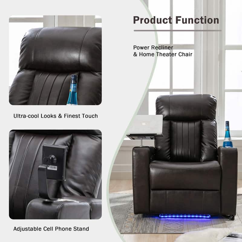 Power Motion Recliner with Hidden Arm Storage, LED Light Strip, 2 Cup Holders, 360 Swivel Tray Table and Cell Phone Holder