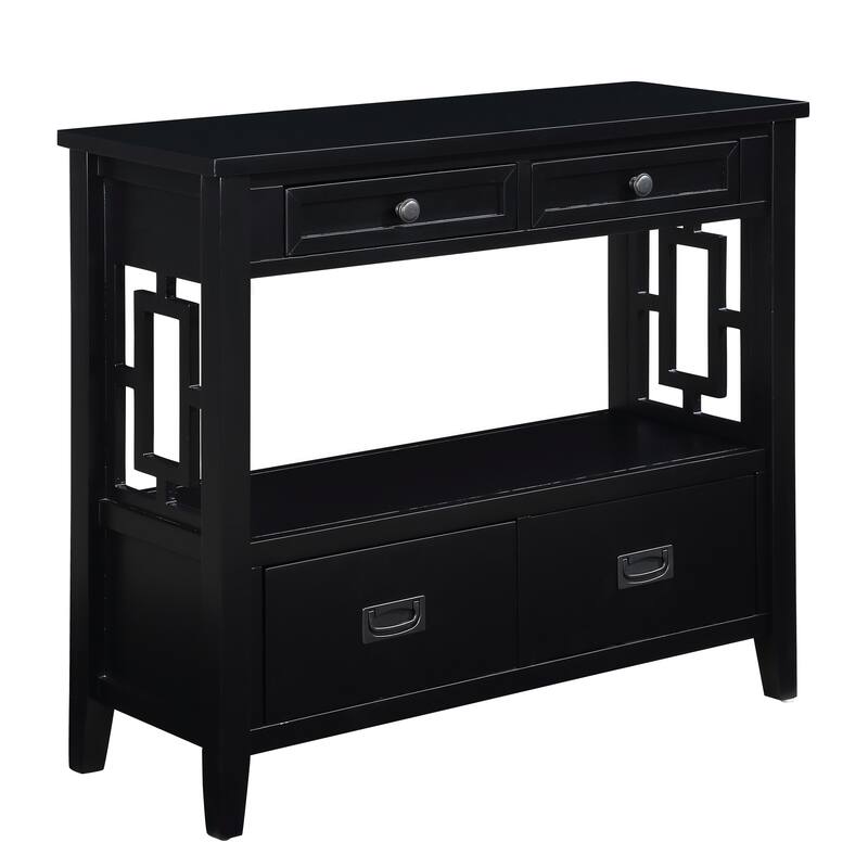 36" Country Console Table with Hollow Decorative, Solid Wood Living Room Entryway Sofa Table with 4 Drawers and Open Shelf