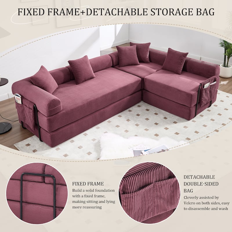 HOMEFUN Corduroy Upholstered Convertible Folding Sofa Bed with Fixed Frame and Pillow Back Handrail