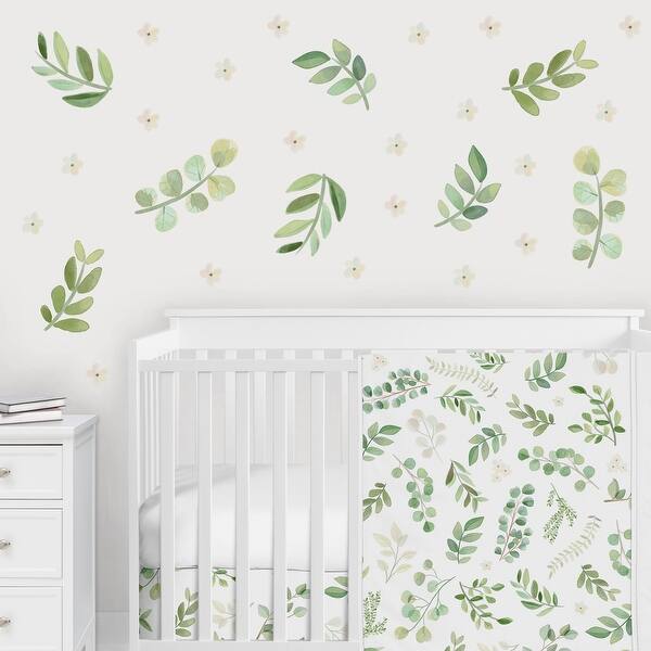 slide 2 of 4, Floral Leaf Collection Peel and Stick Wall Decal Stickers (Set of 4) - Green Boho Watercolor Botanical Woodland Tropical Garden